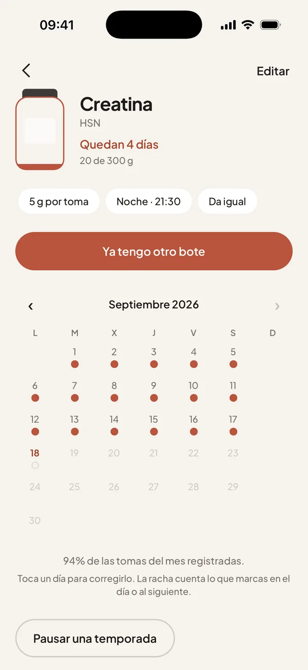 Un suple en detalle: el bote con lo que queda, la pauta y un calendario de puntos con una racha de catorce días.